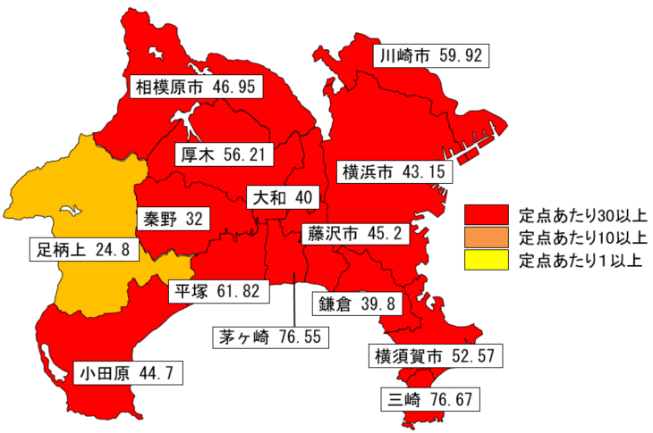 保健所単位の地域別定点当たり報告数の県内マップ