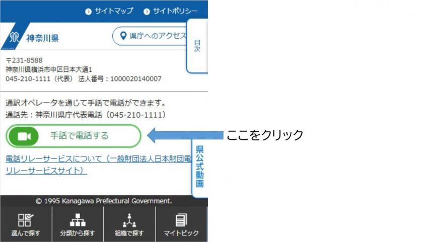 手話で電話するボタン表示イメージ（スマホ版）