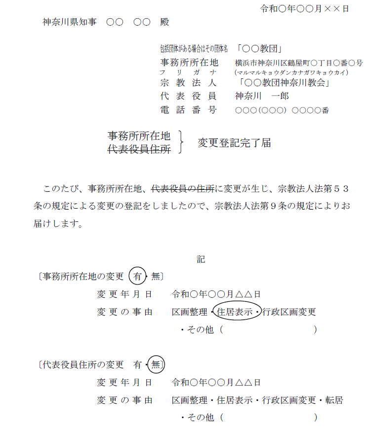 法人の事務所所在地の表示の変更登記完了届記載例