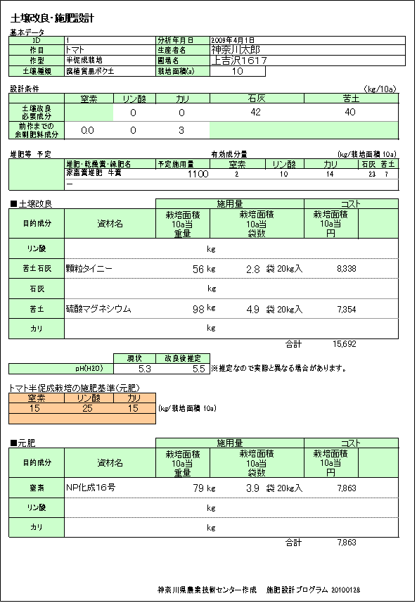 施肥設計プログラム　結果のA4印刷