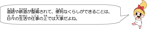 道路や鉄道が整備されて、便利なくらしができることは、日々の生活や仕事の上では大事だよね。