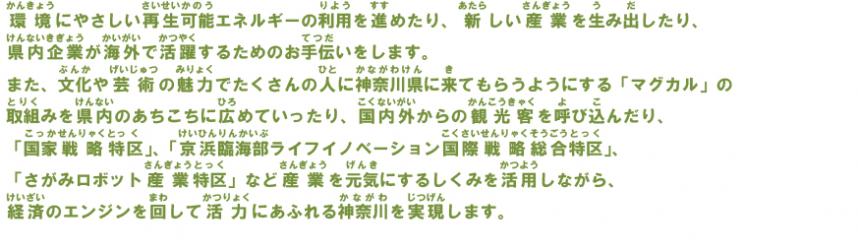 環境にやさしい再生可能エネルギーの利用を進めたり、新しい産業を生み出したり、県内企業が海外で活躍するためのお手伝いをします。また、文化や芸術の魅力でたくさんの人に神奈川県に来てもらうようにする「マグカル」の取組みを県内のあちこちに広めていったり、国内外から