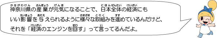 神奈川県の産業が元気になることで、日本全体の経済にもいい影響を与えられるように様々な取組みを進めているんだけど、それを「経済のエンジンを回す」って言ってるんだよ。