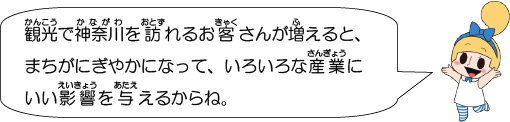 観光で神奈川を訪れるお客さんが増えると、まちがにぎやかになって、いろいろな産業にいい影響を与えるからね