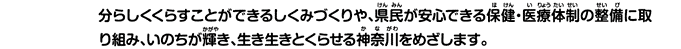 そこで、年齢や性別、国籍、障害の有無などにかかわらず、誰もが、ともに生き、支えあい、自分らしくくらすことができるしくみづくりや、県民が安心できる保健・医療体制の整備に取り組み、いのちが輝き、生き生きとくらせる神奈川をめざします。