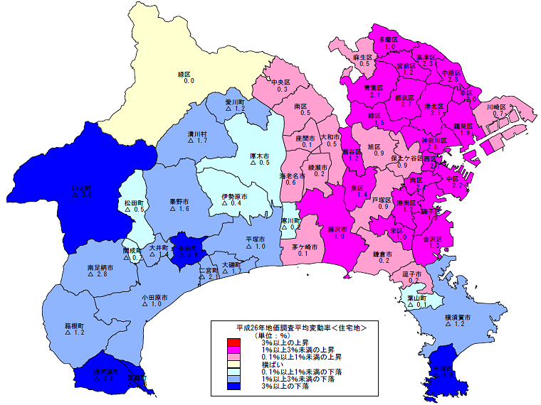 平成26年地価調査 市区町村別 平均変動率地図(住宅地)
