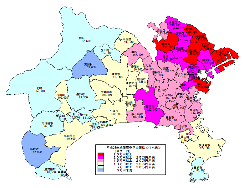 平成26年地価調査市区町村別平均価格地図（住宅地）