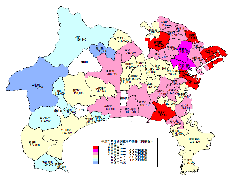 平成26年地価調査市区町村別平均価格地図（商業地）