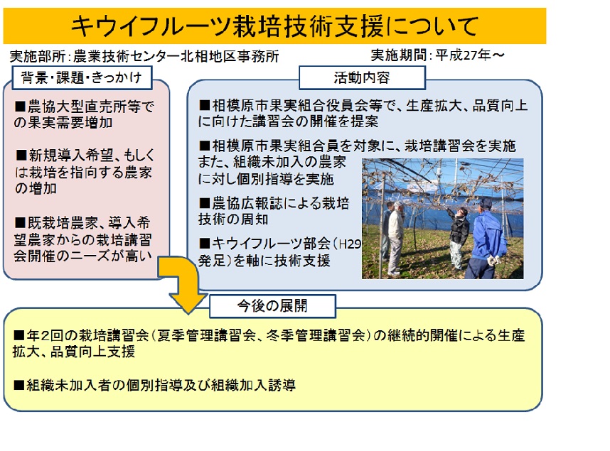 一目でわかる普及活動、キウイフルーツ栽培技術支援