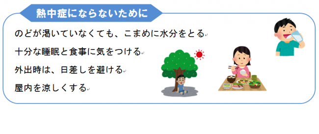 熱中症にならないためにのどが渇いていなくてもこまめに水分をとる。十分な睡眠と食事に気をつける。外出時は日差しを避ける。屋内を涼しくする。