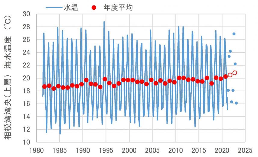 相模湾湾央における海水温の変化