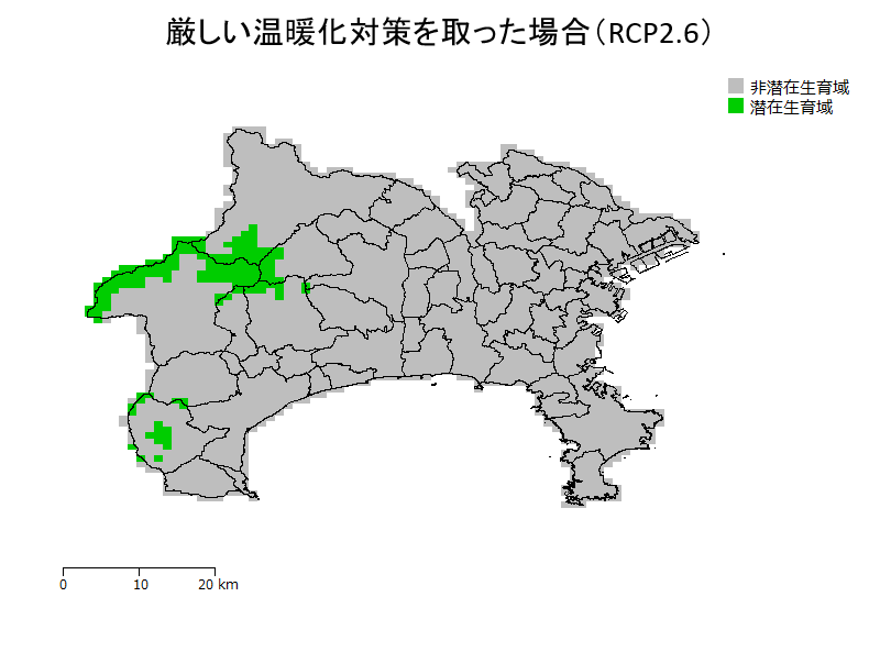 ブナの潜在生育域の予測（厳しい温暖化対策を取った場合）