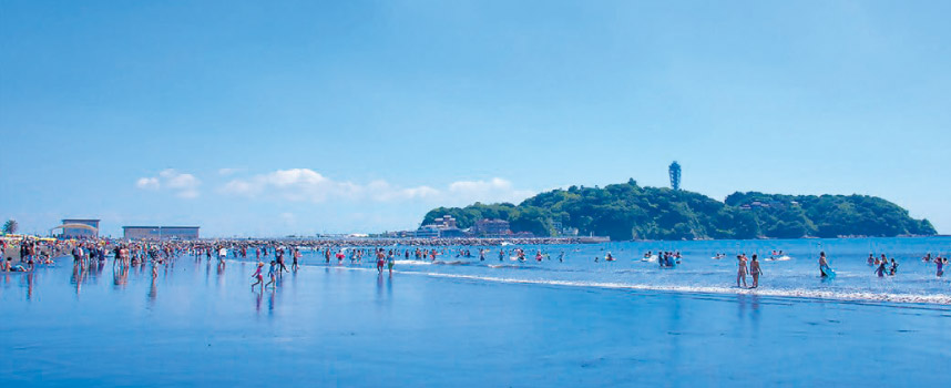 海ページのメインビジュアル。江の島が見える海岸で人々が海遊びをしています。