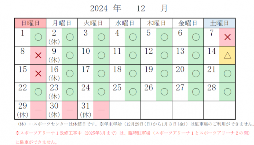 スポーツセンター　駐車場の混雑予想　12月分