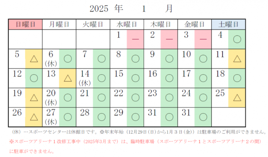 スポーツセンター　駐車場の混雑予想　1月分