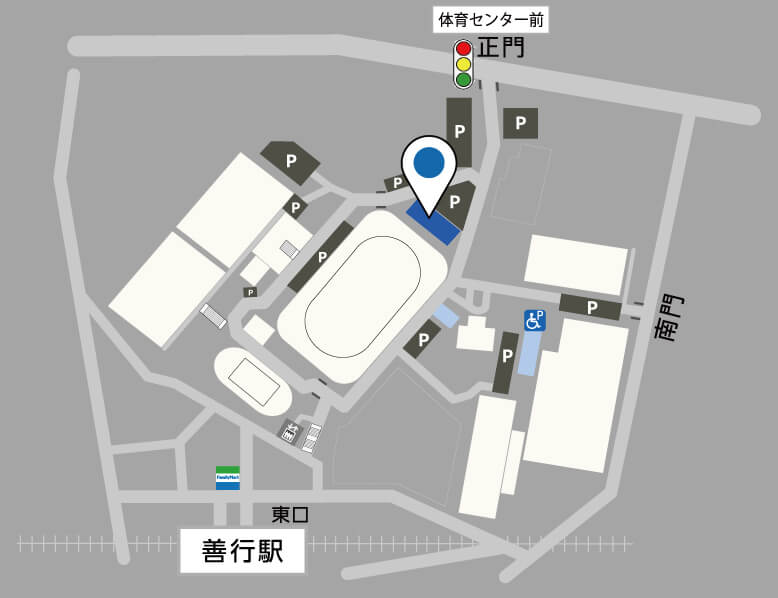 宿泊棟の位置を示した、スポーツセンター配置図