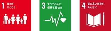 SDGs（貧困をなくそう、すべての人に健康と福祉を、質の高い教育をみんなに）