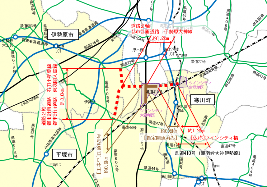 ツインシティに関する道路整備位置図