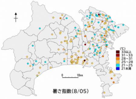 県内暑さ指数マップ（8月5日）