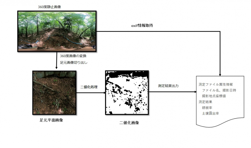 写真4：360度画像から足元の緑被率を計測する処理のフロー