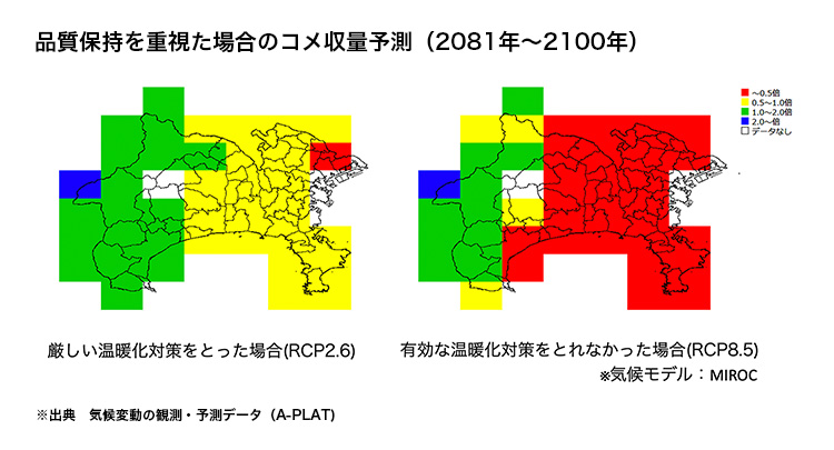 品質保持を重視た場合のコメ収量予測（2081年～2100年）の図表