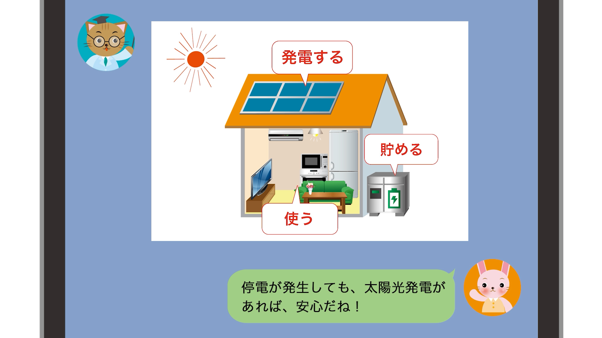 太陽光発電は、発電する・貯める・使うことができるので災害時でも安心