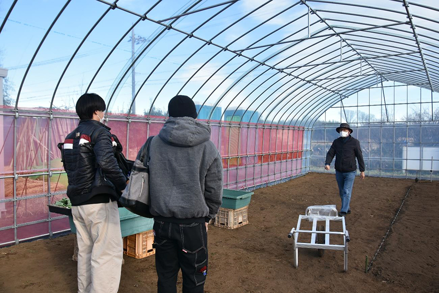 設置したばかりのビニールハウスを学生たちが見学に訪れました。