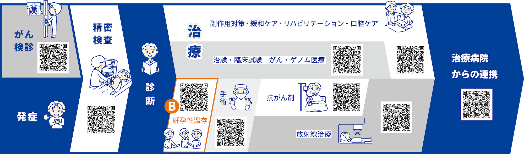 がん検診 発症 精密検査 診断 治療 B妊孕性温存 手術 治験・臨床試験 がん・ゲノム医療 副作用対策・緩和ケア・リハビリテーション・口腔ケア 抗がん剤 放射線治療 治療病院からの連携